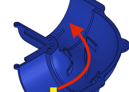 S90 duct connector bend air flow showing the smooth air flow around the  bend.