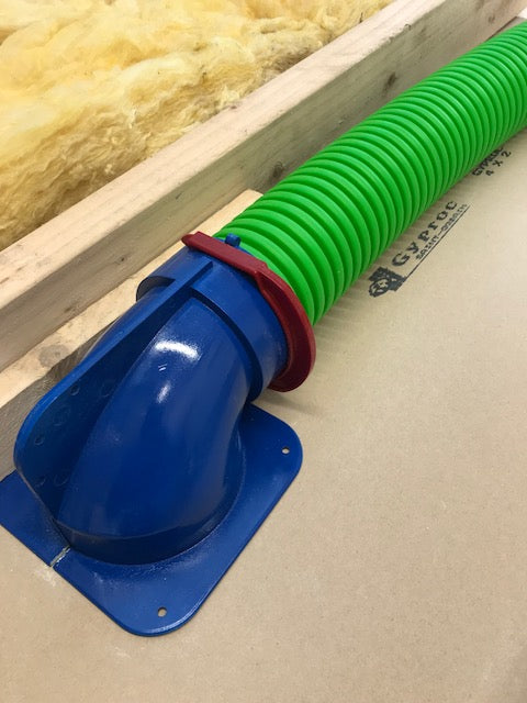 Plumbavent S90 ceiling plenum for 90mm semi-rigid ducting Multiple attachment points Comes with duct cap Flange accepts 125 plastic or metal ducting Unique air movement vanes